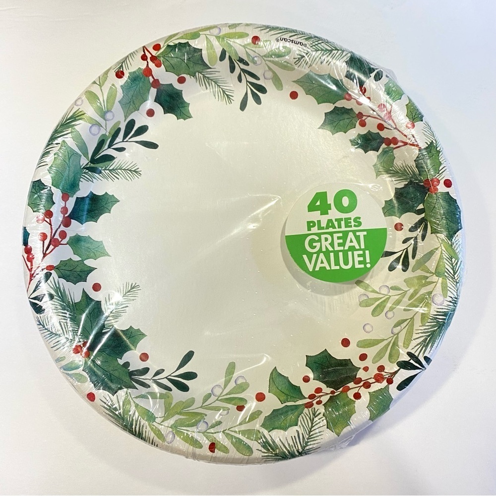 NEW Traditionnel Christmas Holly Leaves Paper Plates - 8.5in / 21.5cm - 40pcs - Picture 2 of 4